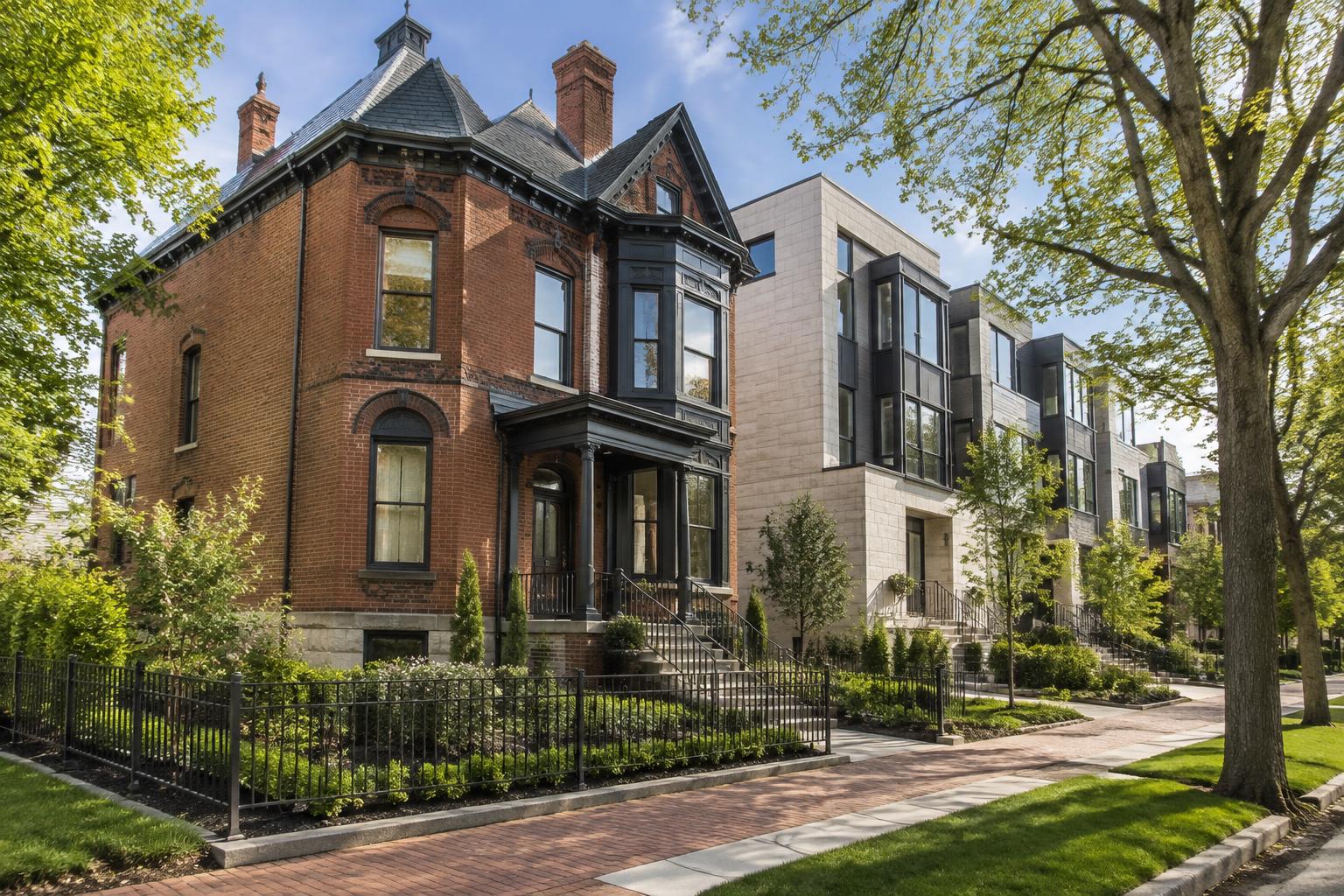 Brush Park street with Victorian houses and modern townhouses