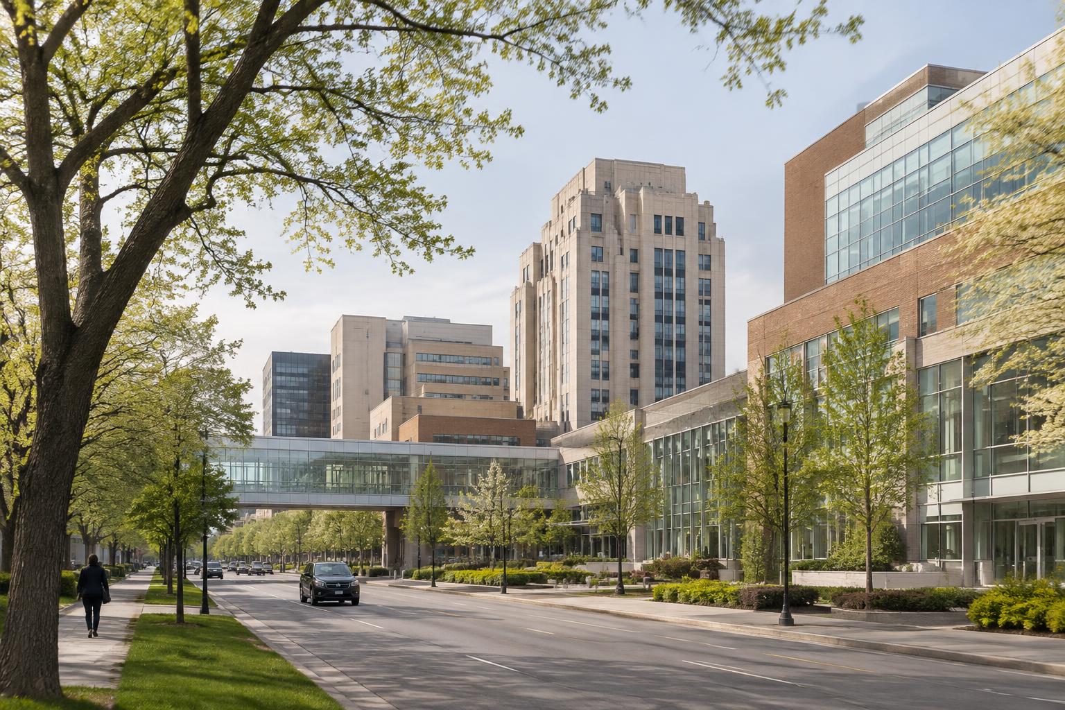 The Detroit Medical Center campus from a tree-lined street